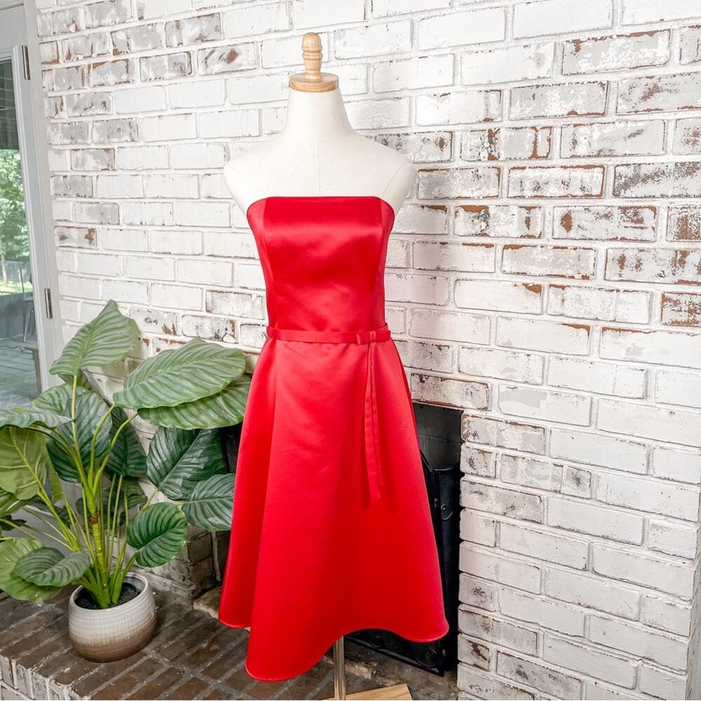 Vintage Jessica McClintock Bridal Bold Red Satin Strapless A-line Midi Dress 10